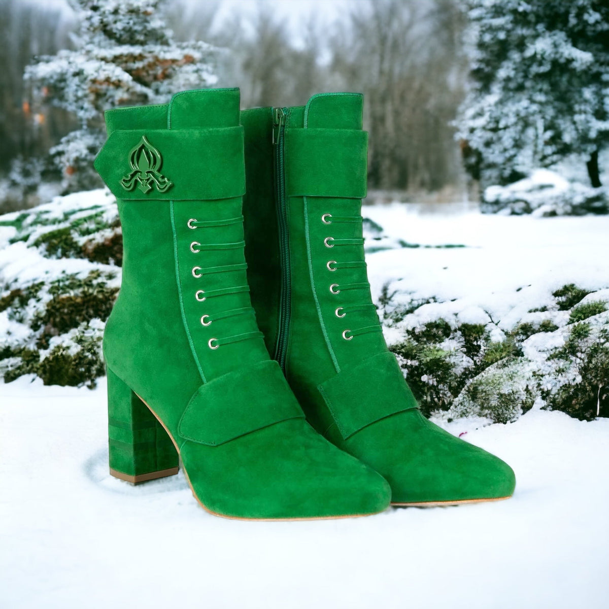 Michaela V Marta Green Suede Knee-High Boots – Women’s Stretch Slip-On Boots with Elastic Side Panels