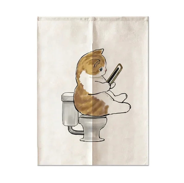 Funny Cat Japanese Noren Door Curtain, Cute Cartoon Hanging Half Curtain for Kitchen, Living Room & Restaurant, Polyester Room Divider for Doorway & Entrance Decor