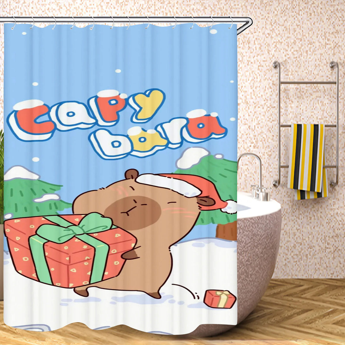 Cute Capybara Shower Curtain, Funny Cartoon Waterproof Bathroom Curtain with Plastic Hooks, 100% Polyester Mildew-Resistant Curtain for Modern Bathroom Decor