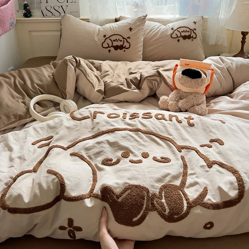 Cute Cartoon Animal Embroidery Bedding Set – 4-Piece Washed Polyester Jacquard Duvet Cover, Flat or Fitted Sheet & Pillowcases
