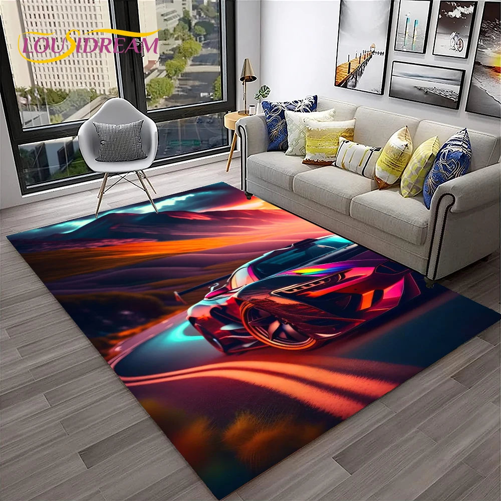 Sports Car Racing Rug, 3D Printed Cartoon Polyester Crystal Velvet Carpet with Non-Woven Backing, Kids Playroom Floor Mat for Bedroom, Living Room & Home Decor