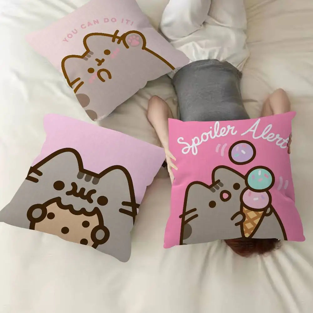 Pusheen Cartoon Cushion Cover, Cute Anime Printed Polyester Pillowcase, Decorative Throw Pillow Cover for Sofa, Bed, Bedroom, Kids’ Room & Home Decor
