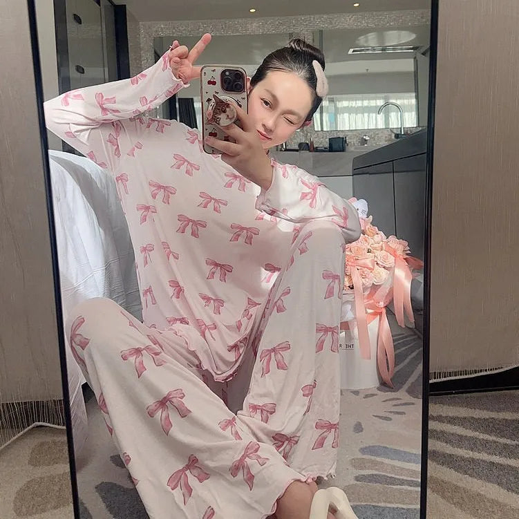 ComfortableJapanese Style Pajamas Soft Modal Sleepwear Long Sleeve/Straps Pants Home Clothes Suit Sweet Bow Print Loungewear