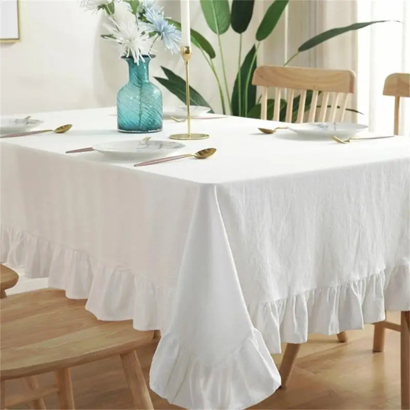 Ruffled Cotton Tablecloth, Nordic Farmhouse Rectangle Table Cover with Elegant Frilled Edge, Reusable Washable Dining Table Linen for Kitchen, Home & Holiday Decor