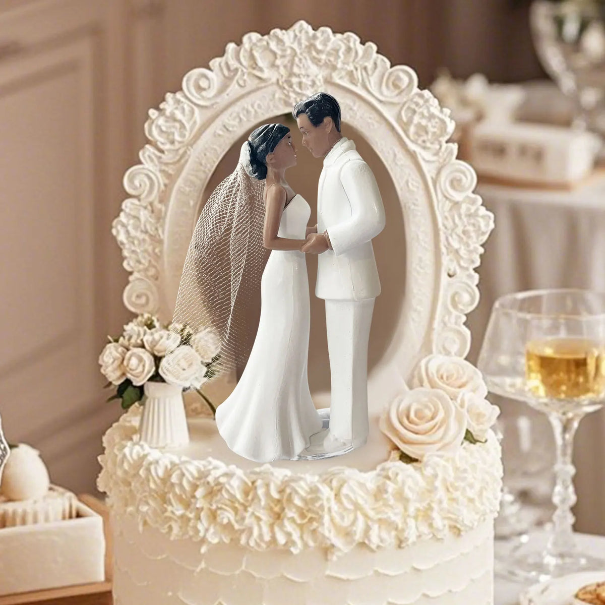 African American Couple Wedding Cake Topper – 4.33" Elegant Bride & Groom Plastic Cake Decoration with White Veil