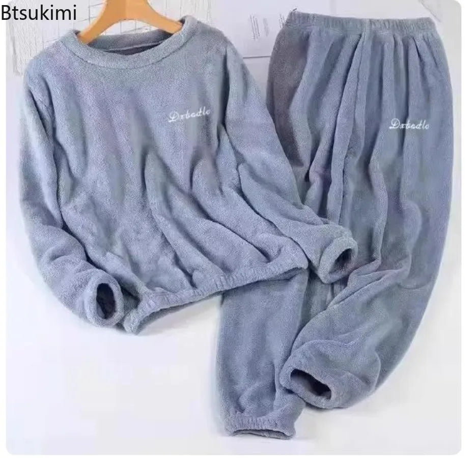 2026 Autumn Winter Couple Pajamas Sets Casual Warm Flannel Pajamas Loose O-neck Tops+Pants Men and Women Sleepwear Two Piece Set