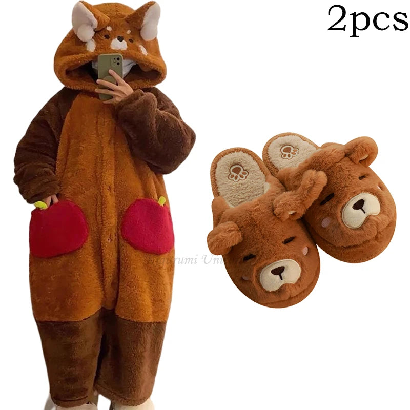 Winter Women Home Pajamas Cartoon Raccoon Kigurumi Unicorn Sleepwear Night Dress Animal Cosplay Nightgowns Thickened Warm Robes