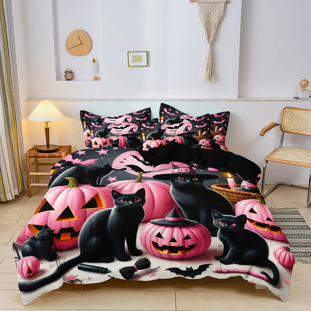3-Piece Pastel Halloween Duvet Cover Set – Cute Black Cat, Pink Pumpkin, Bat, Moon & Star Printed Bedding
