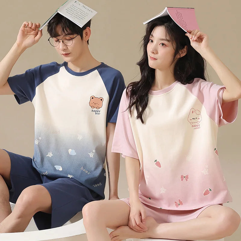 Summer Sleep Lounge Pajama Short-Sleeved Women's Pajama Set Cartoon Pyjamas Pure Cotton Couple Sleepwear Home Fashion