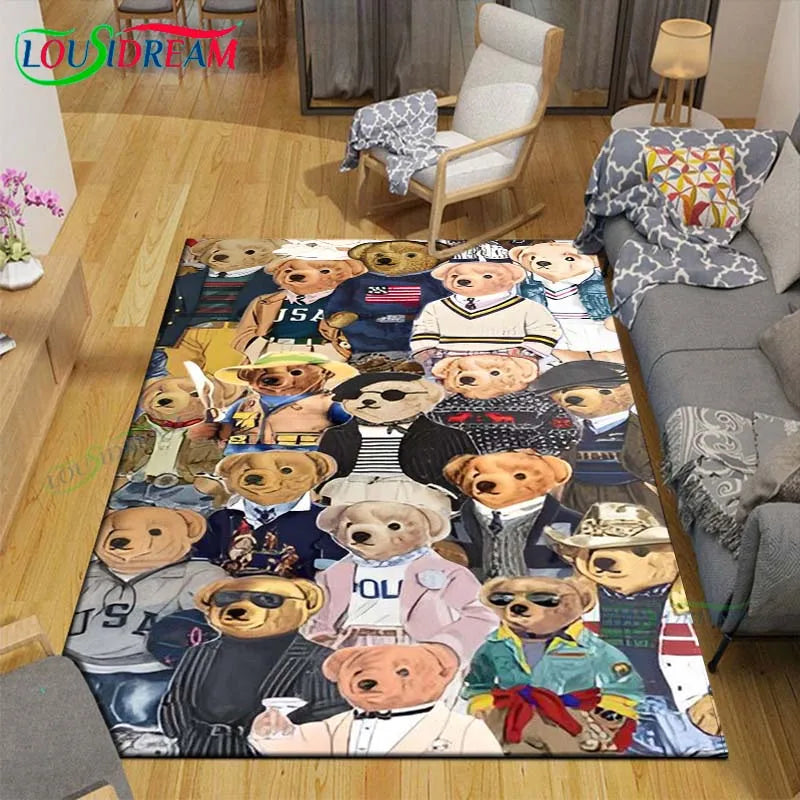 Cute Bear Cartoon Area Rug, 3D Printed Polyester Crystal Velvet Carpet with Non-Woven Backing, Kids Bedroom & Living Room Mat for Playroom, Home & Decor
