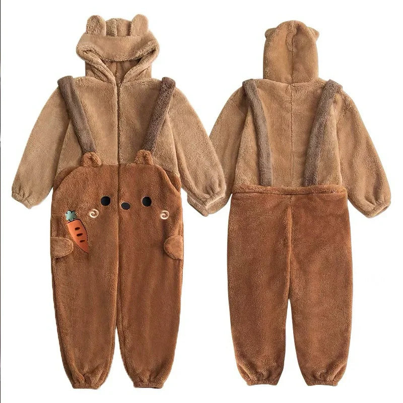 Thickened Winter Pajamas Onesie Coral Fleece Hooded Sleepwear for Cute Girls And Men Home Clothes Outdoor Wearable Cartoon Print
