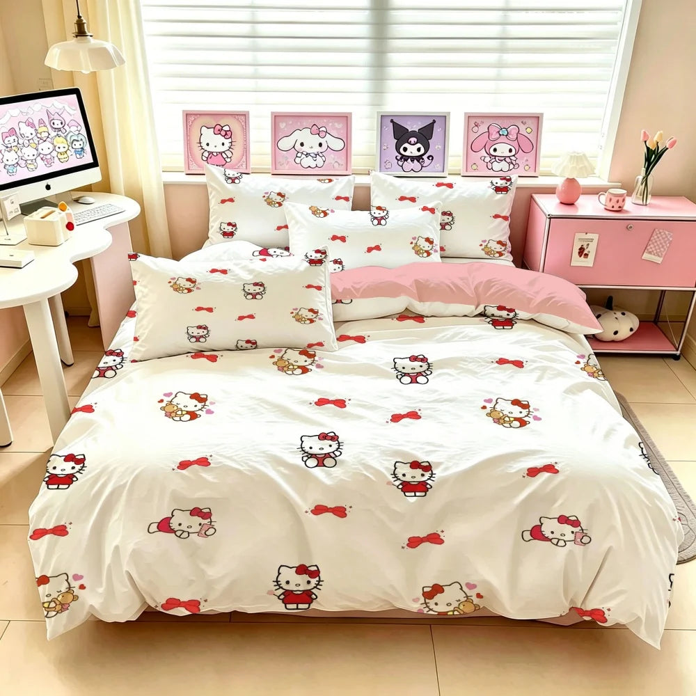 Sanrio Hello Kitty Bedding Set – Cute Cartoon Printed Duvet Cover & Pillowcase, Soft Polyester-Cotton Bed Linen for Girls, Dorm & Home