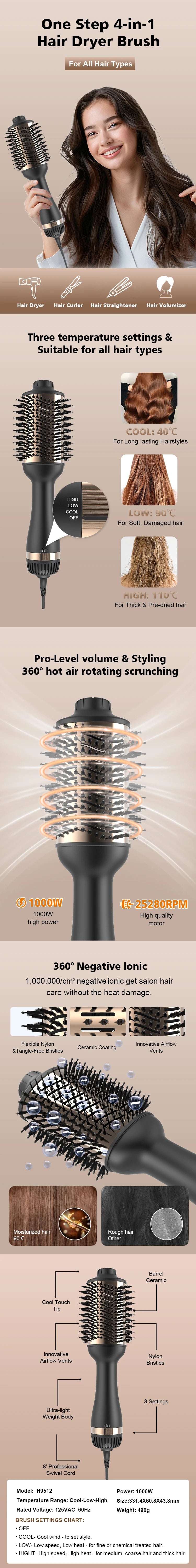 Hair Styler One Step Volumizer Hair Dryer Brush 1000W Hot Air Brush