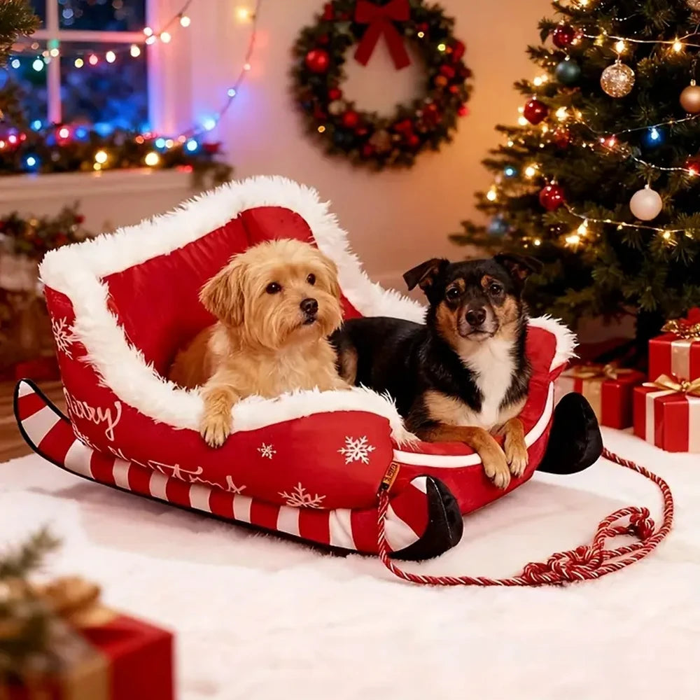 Christmas Pet Bed, Removable Washable Plush Dog & Cat Nest with Non-Slip Base, Cozy Winter Sleigh-Style Pet Sofa for Indoor Home, Bedroom & Balcony