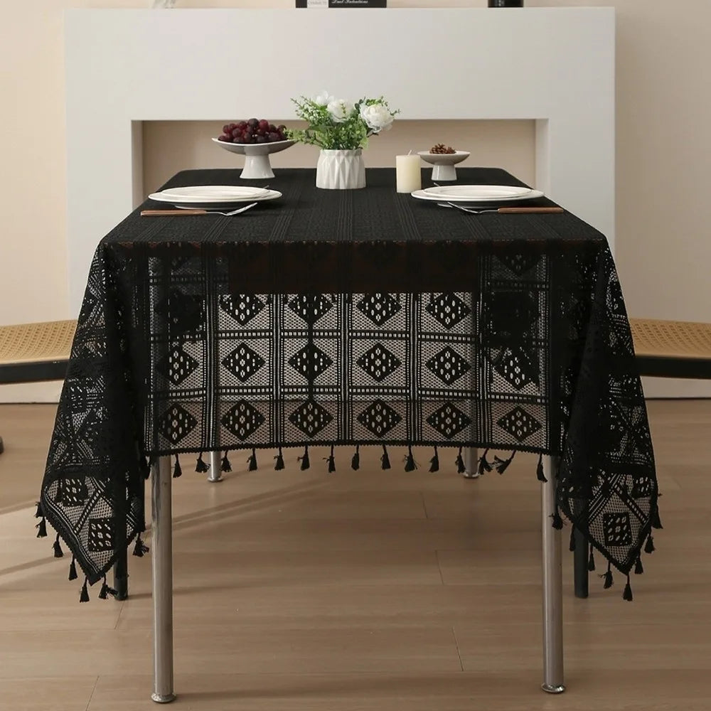 Hollowed Out Checkered Tablecloth 100×140cm – Decorative Non-Slip Dust-Resistant Table Cover, Reusable Pastoral Dining Table Decor