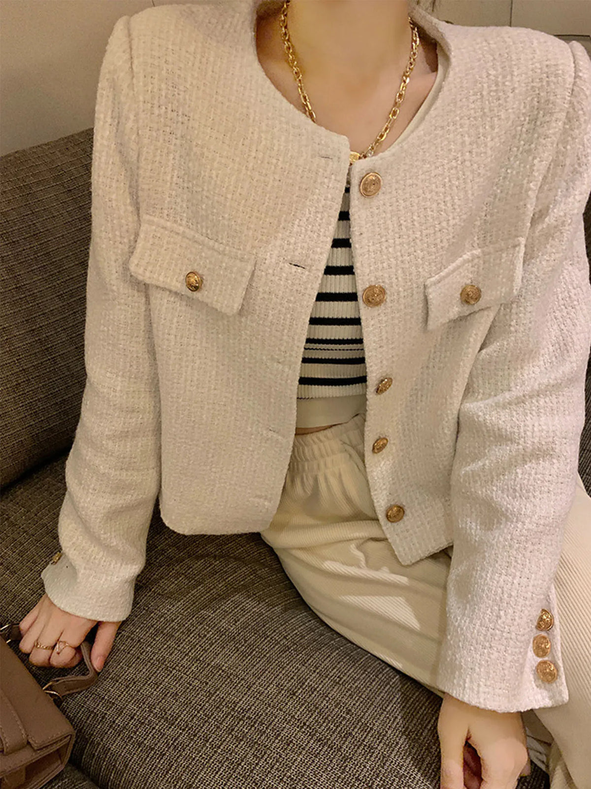 French Wool Tweed Coat Fashion High-end Gold Button Short Slim