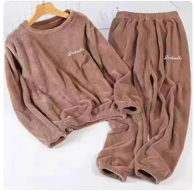 2026 Autumn Winter Couple Pajamas Sets Casual Warm Flannel Pajamas Loose O-neck Tops+Pants Men and Women Sleepwear Two Piece Set