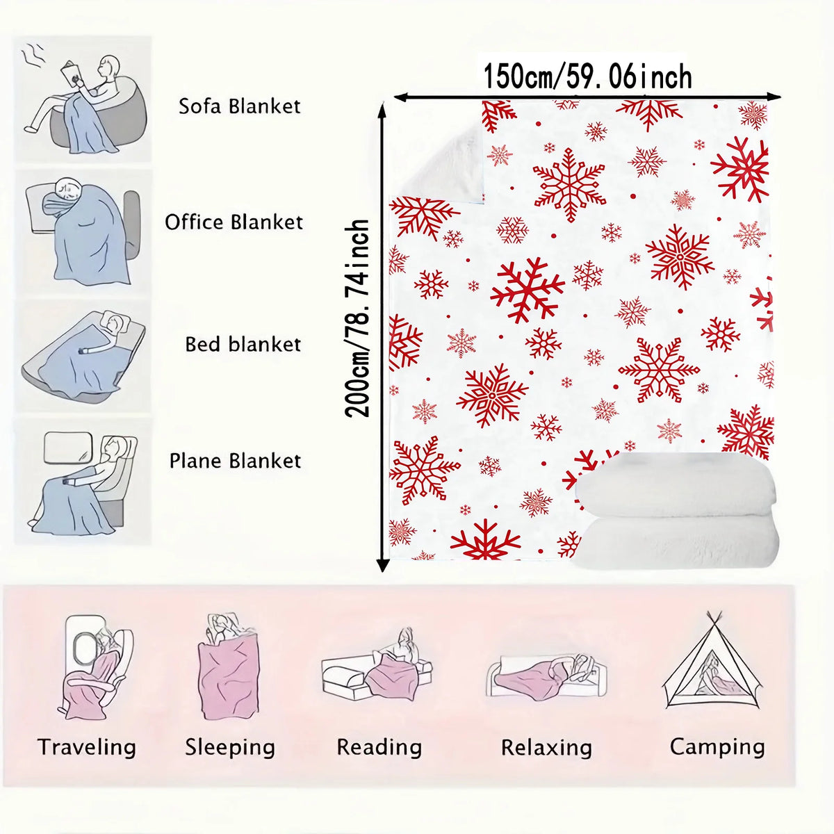 Christmas Throw Blanket, Red Snowflake Printed Flannel Fleece Blanket, Super Soft Plush Fuzzy Winter Blanket for Bed, Sofa, Couch & Holiday Home Decor