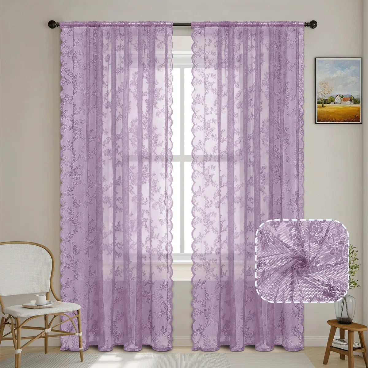 Floral Lace Curtains 1–2 Panels, Botanical Embroidered Semi-Sheer Window Curtains with Scalloped Edge, Vintage Romantic Decor for Living Room, Bedroom & Bay Window