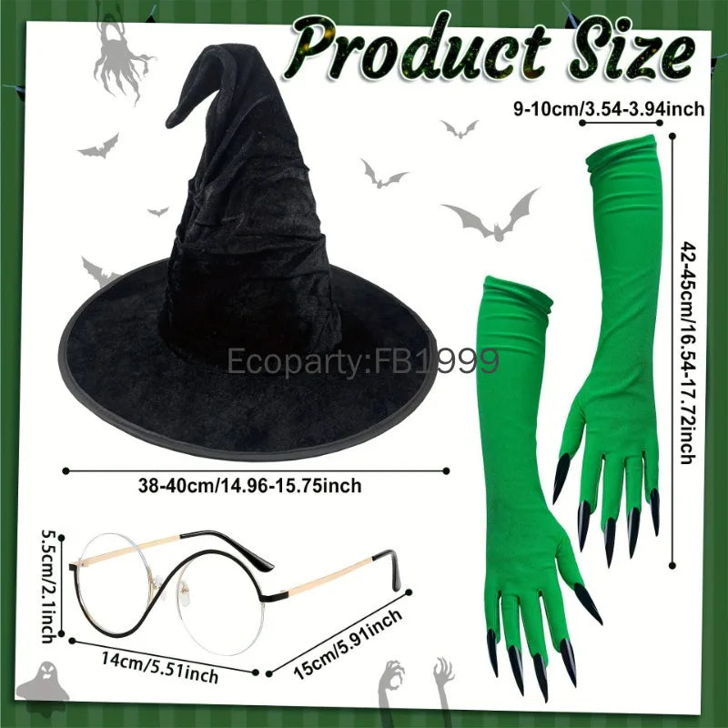 Halloween Evil Witch Costume Set for Women Gothic Wizard Cosplay Green Claw Gloves Sharp Hat Set Adult Carnival Party Dress Up