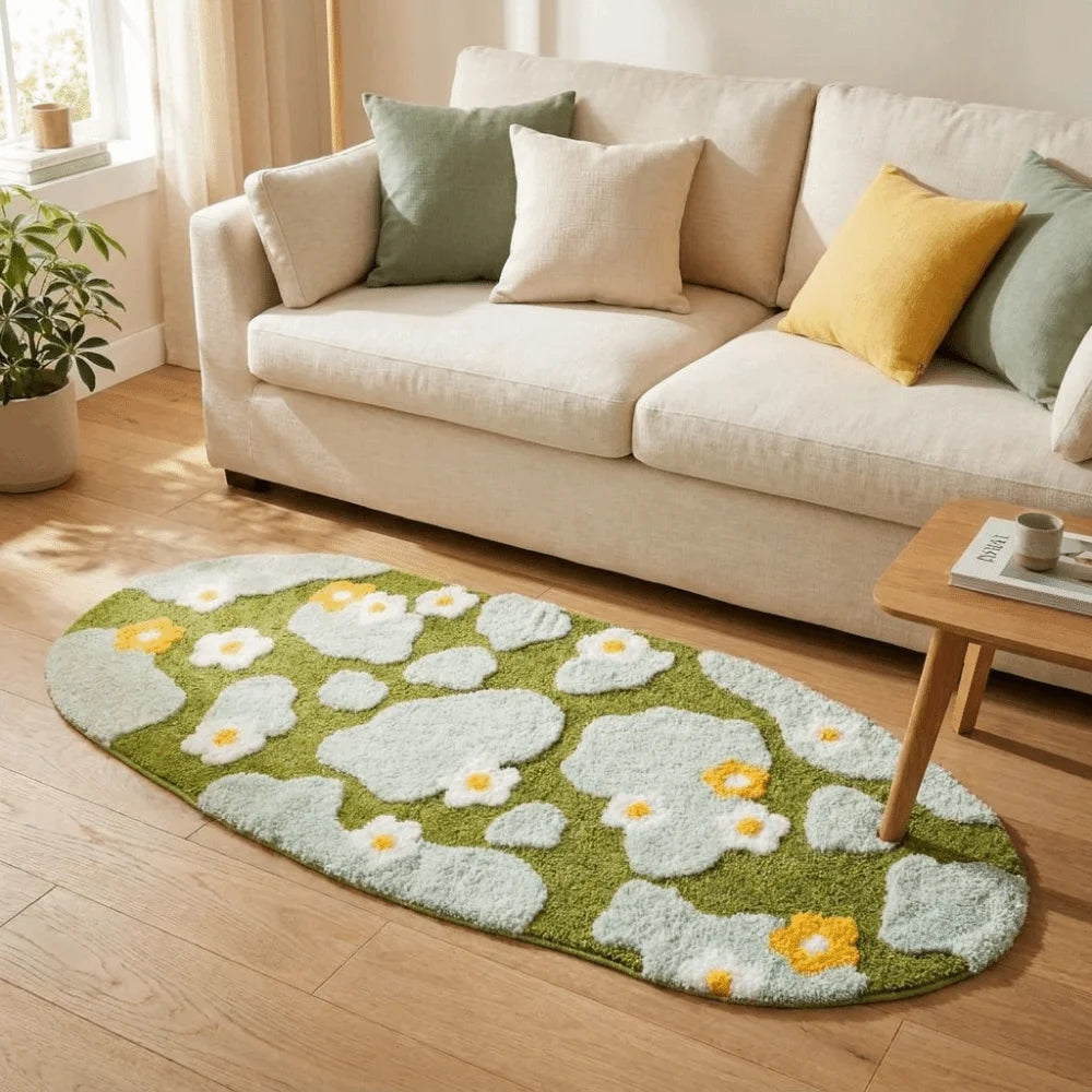 Irregular Green Moss Rug 50×100cm, Soft Imitation Cashmere-Style Polyester Carpet with Suede Backing, Geometric Flower Pattern Area Rug for Sofa, Bedroom & Home Decor