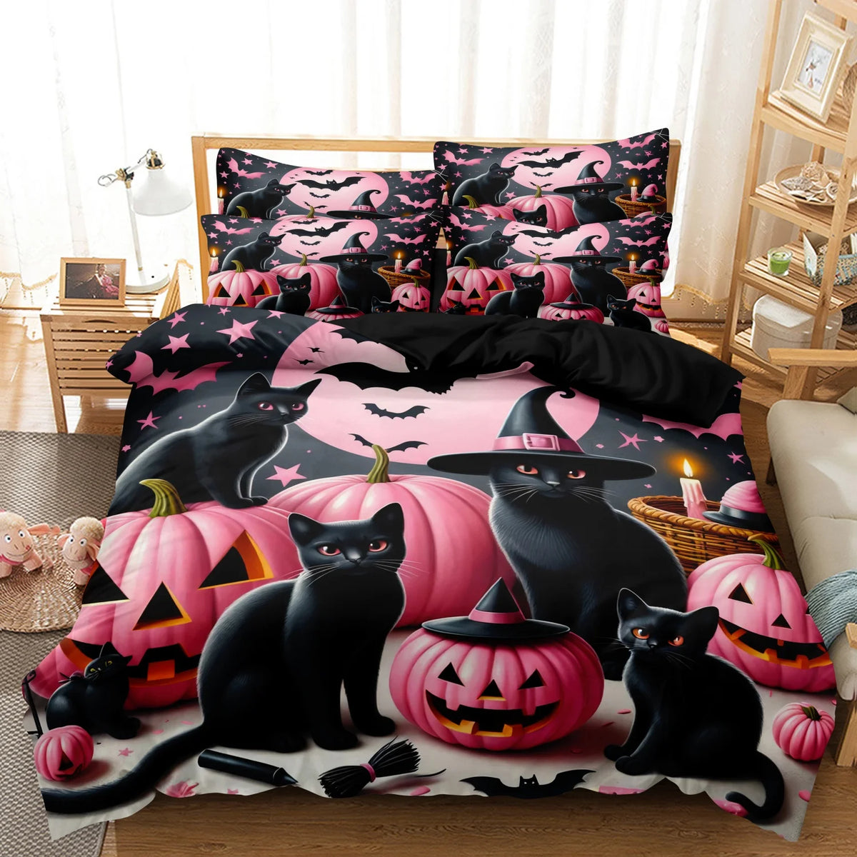 3-Piece Pastel Halloween Duvet Cover Set – Cute Black Cat, Pink Pumpkin, Bat, Moon & Star Printed Bedding