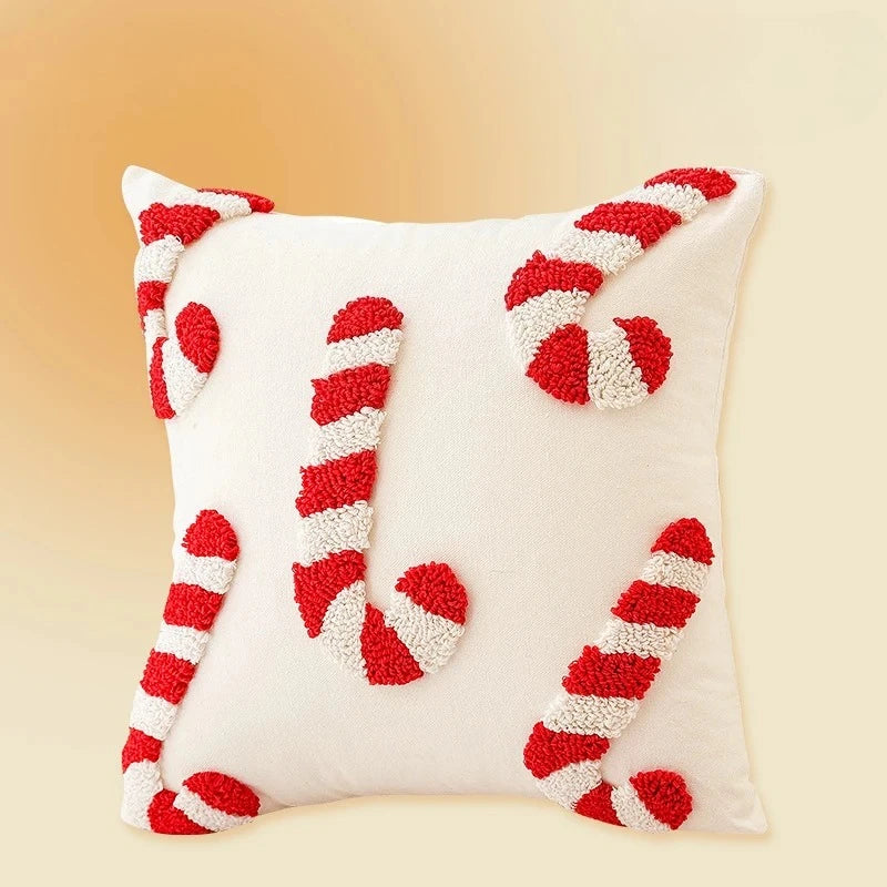 Christmas Tufted Cushion Cover 45×45cm, Red & White 3D Candy Cane & Santa Hat Embroidered Pillowcase, Festive Holiday Throw Pillow Cover for Sofa, Chair, Car & Home Decor