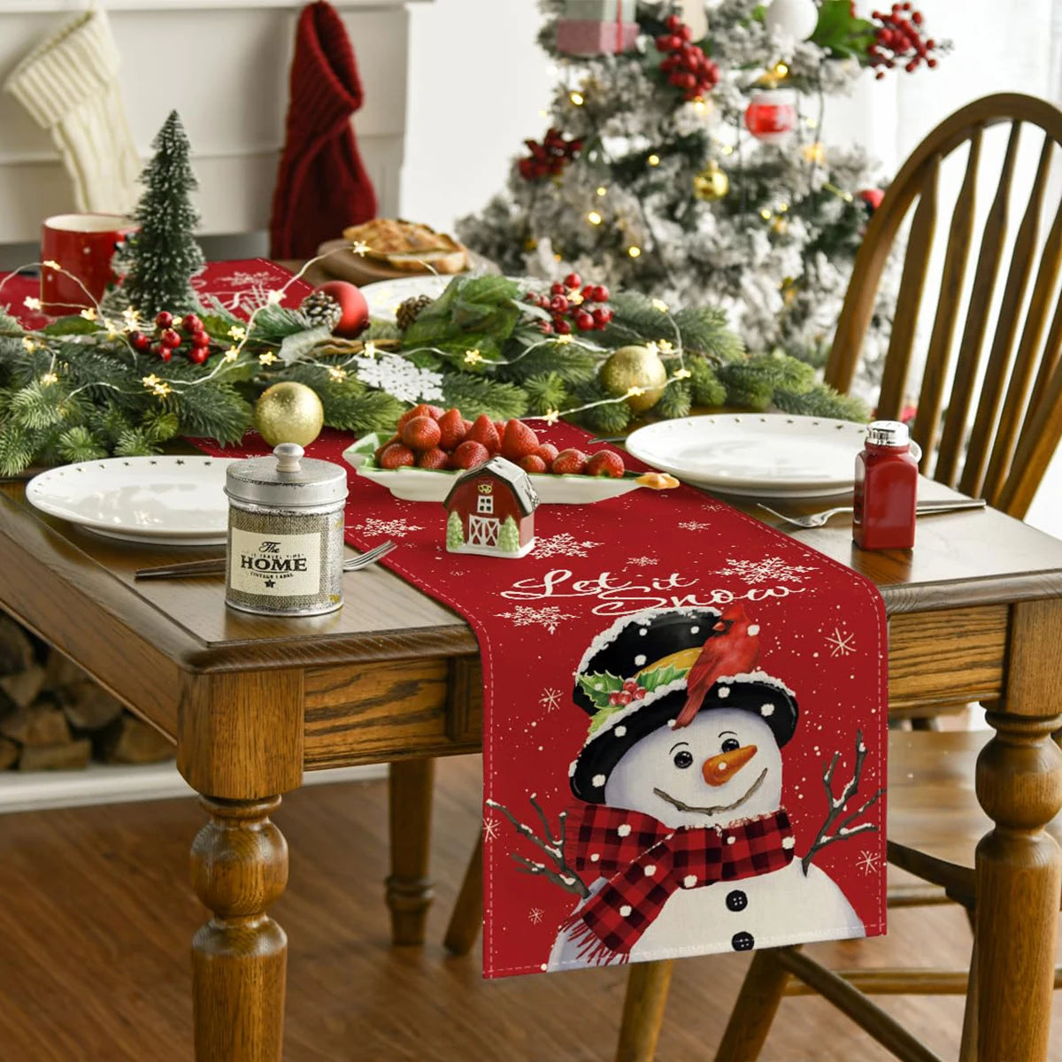 Christmas Table Runner with Santa & Snowman Design, Festive Holiday Dining Table Decor for Christmas & New Year, Cartoon Winter Table Cover for Home, Party & Celebration