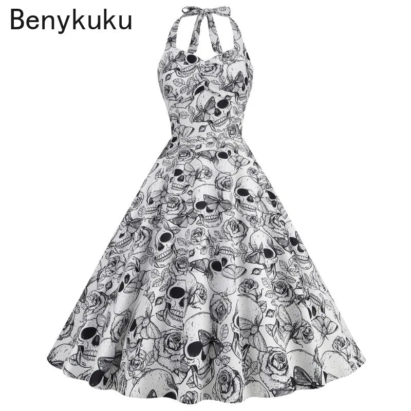 Halloween Costumes for Women Skull Print Halter Dress Sleeveless Tunic Vintage Party Dresses Goth Clothes Masquerade Vestidos