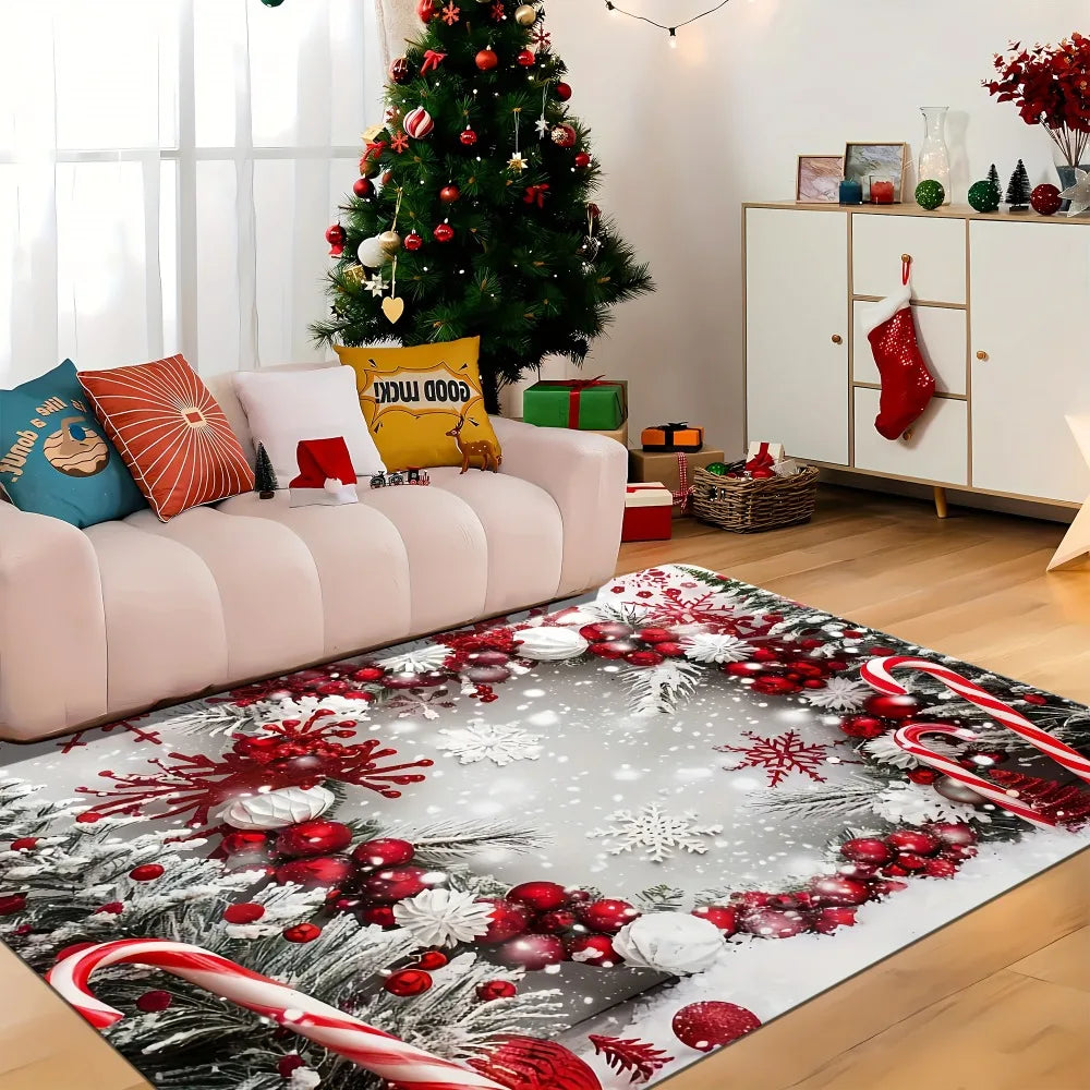 Christmas Decorative Rug, Festive Cartoon Polyester Floor Mat with Suede Backing, Holiday Area Carpet for Living Room, Bedroom, Entryway, Dining Area & Patio