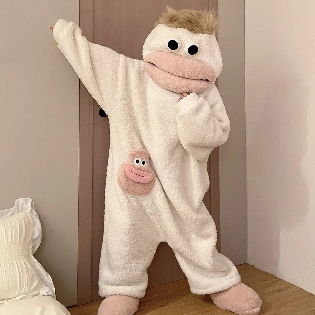 Funny Cute Wide Mouth Fish Cartoon Onesie Pajamas Thick Coral Fleece Couple Homewear Men Women Autumn Warm Loose Sleep Costume
