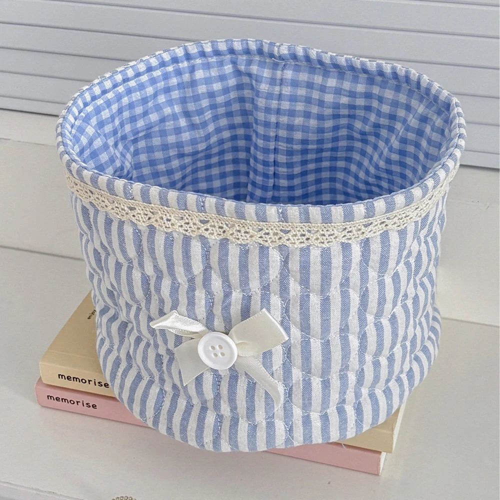 Cute Quilted Fabric Storage Basket – Foldable Round Desktop Organizer | Boho Home Decor