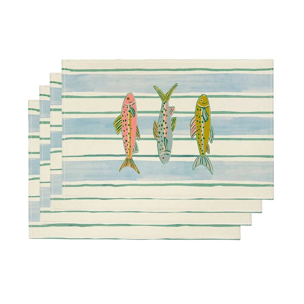 4-Piece Fish-Themed Placemats – Colorful Three-Fish & Water Wave Design, 100% Polyester Washable Table Mats for Kitchen & Home Decor