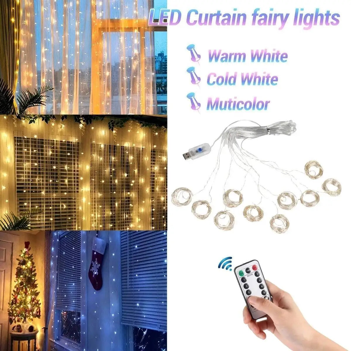 Christmas Curtain LED String Lights with Remote Control, 8 Modes USB Fairy Lights in Warm White, White & Multicolor, 1–3m Drop for Wedding, Bedroom, Party & Holiday Decor