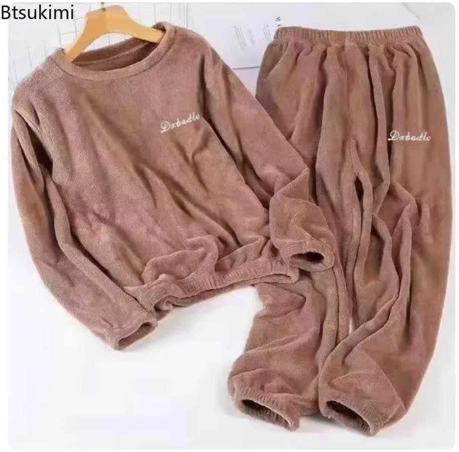 2026 Autumn Winter Couple Pajamas Sets Casual Warm Flannel Pajamas Loose O-neck Tops+Pants Men and Women Sleepwear Two Piece Set