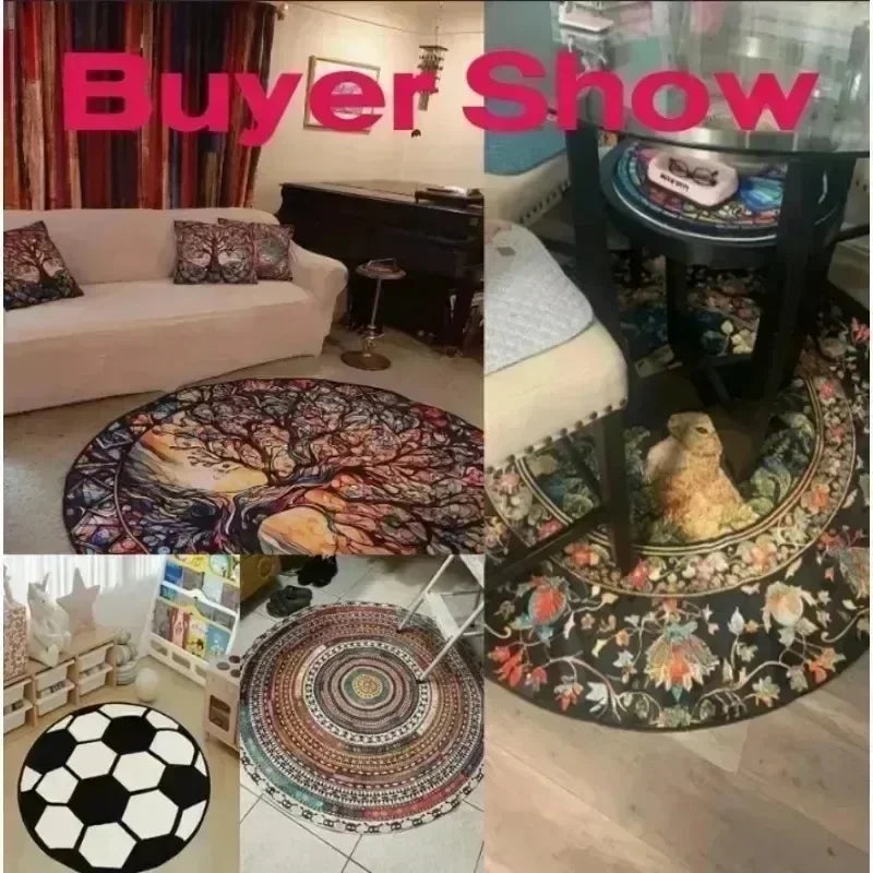 Large Round Cartoon Area Rug, Red Accent Flannel-Style Polyester Carpet with Non-Slip Backing, Modern Decorative Floor Mat for Living Room, Bedroom & Office
