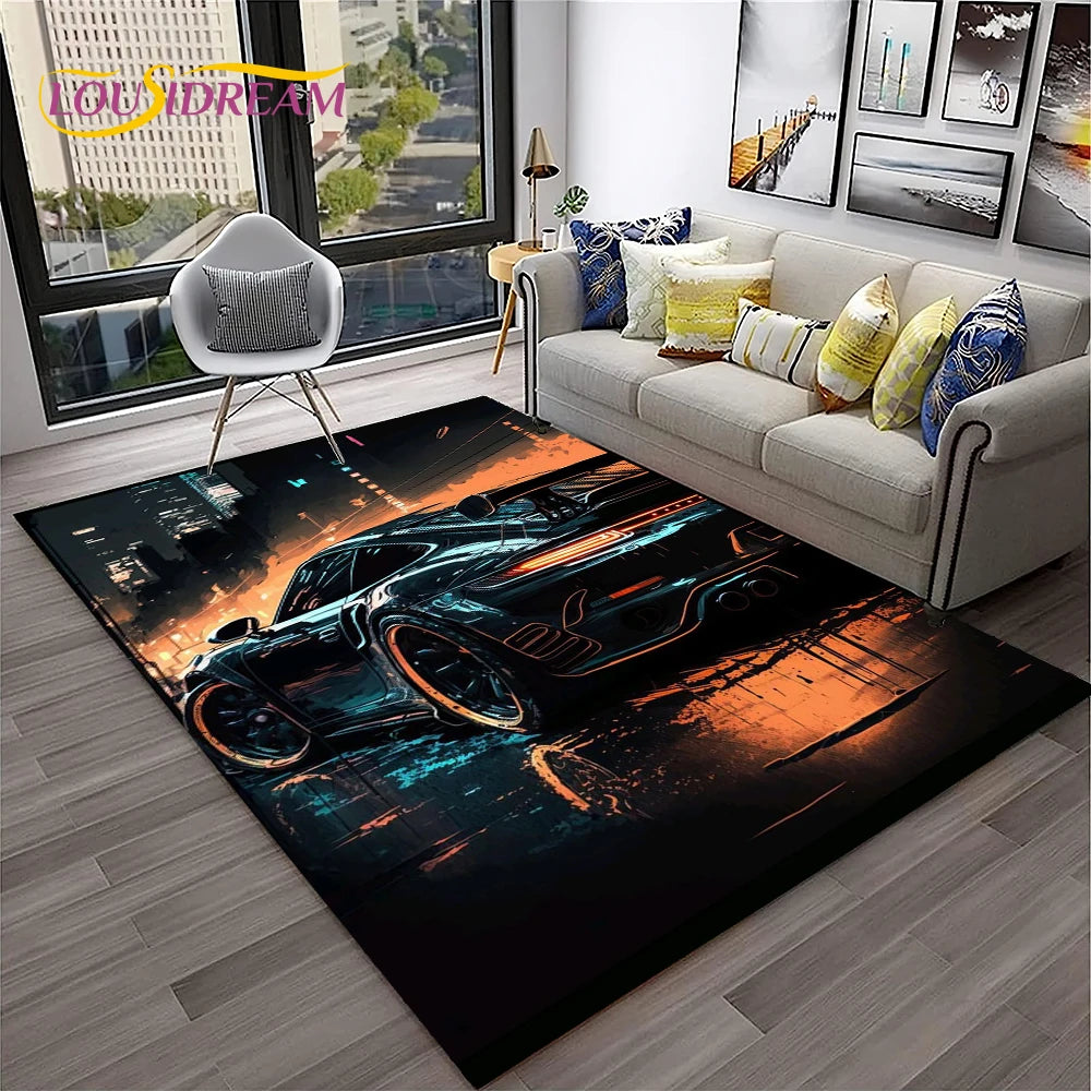 Sports Car Racing Rug, 3D Printed Cartoon Polyester Crystal Velvet Carpet with Non-Woven Backing, Kids Playroom Floor Mat for Bedroom, Living Room & Home Decor