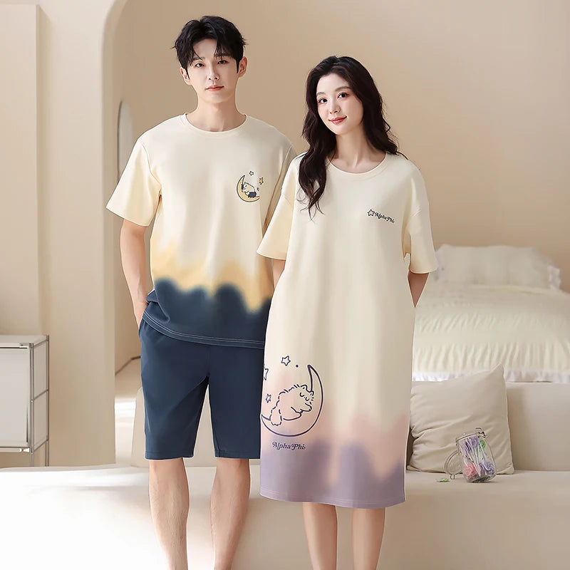 Newest Couple Pajamas Set Summer Short Sleeve Sleepwear 100% Cotton Men and Women Cute Cartoon Pijamas Women Nightgown