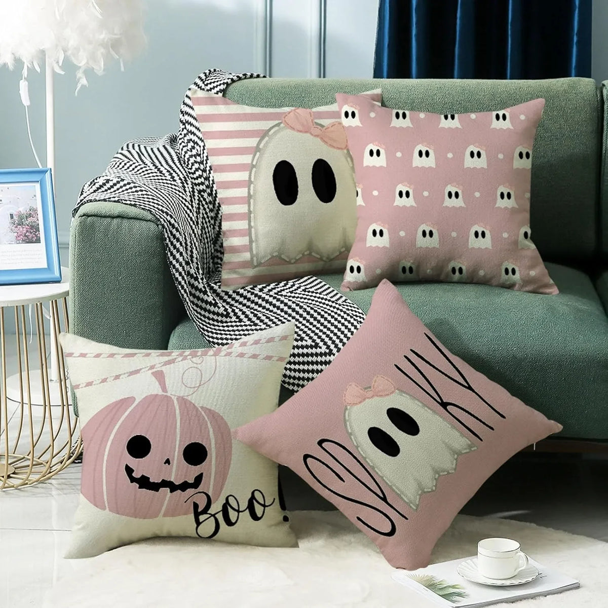 Pink Halloween Pillow Cover – Cute Ghost & Pumpkin Printed Cushion Case for Sofa, Couch & Bedroom, Spooky Holiday Decor Gift