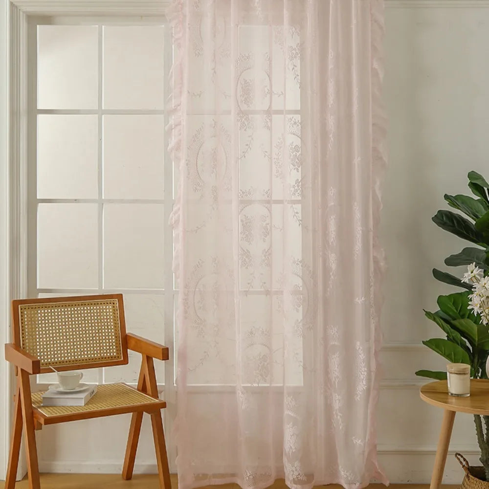 2-Piece French Lace Sheer Curtains, Ruffled Edge Floral Embroidered Polyester Curtains, Rustic Retro European Window Drapes for Bedroom, Living Room & Home Decor