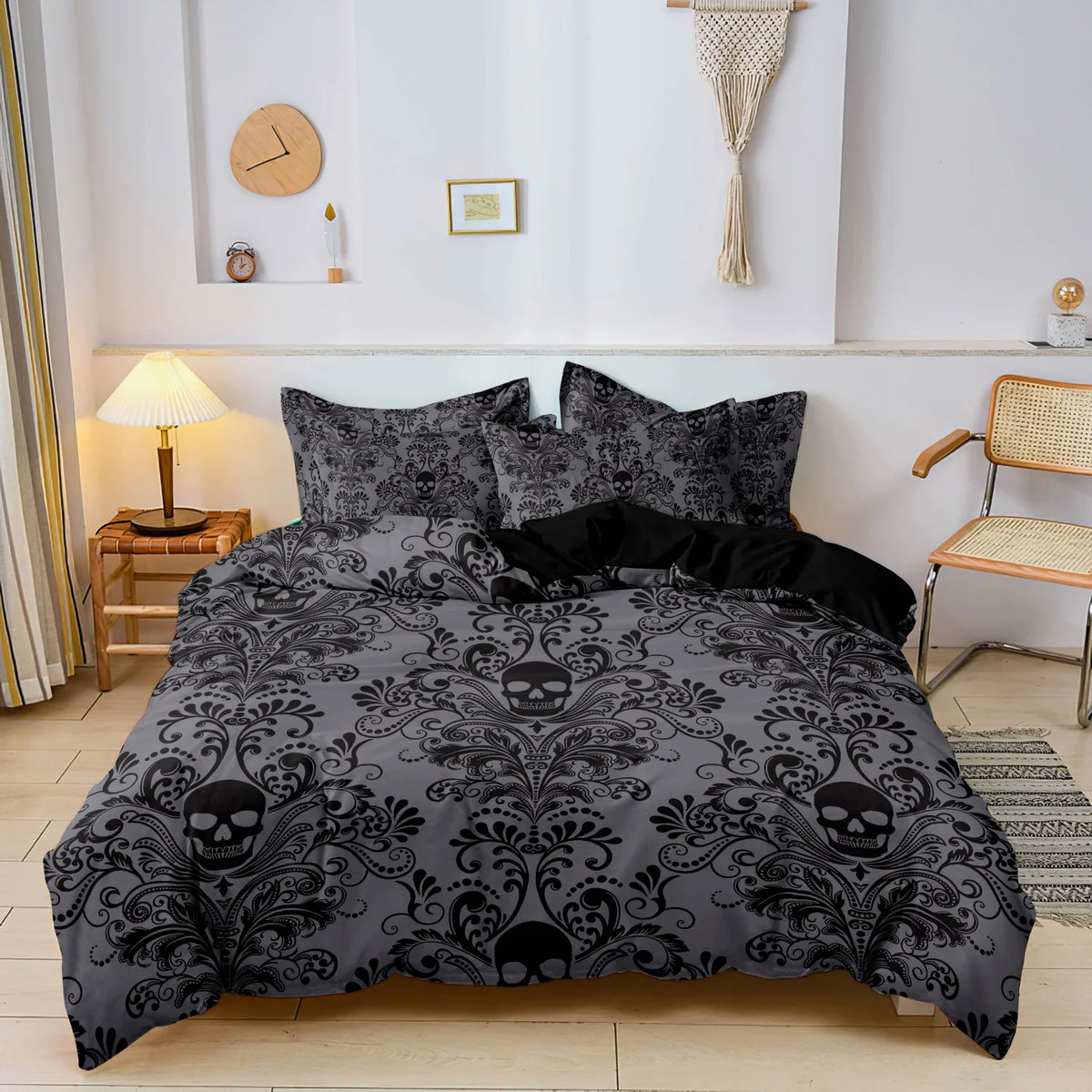 Gothic Skull Duvet Cover Set – 3-Piece Printed Bedding with Pillowcases, Dark Alternative Bedroom Decor for Adults