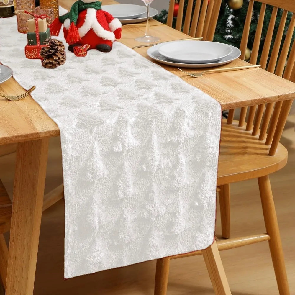Christmas Tree Table Runner 33×183cm – Plush Embroidered & Embossed Table Cover for Dining Table, Holiday & Festive Home Decor