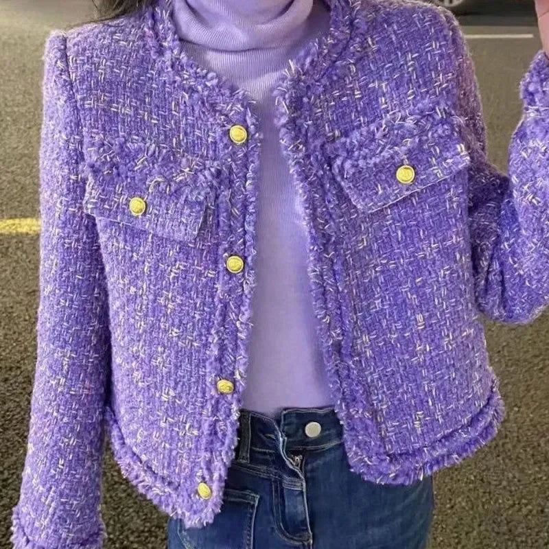 2026 New Spring Autumn Women Purple Tweed Two Piece Set Elegant Fringe