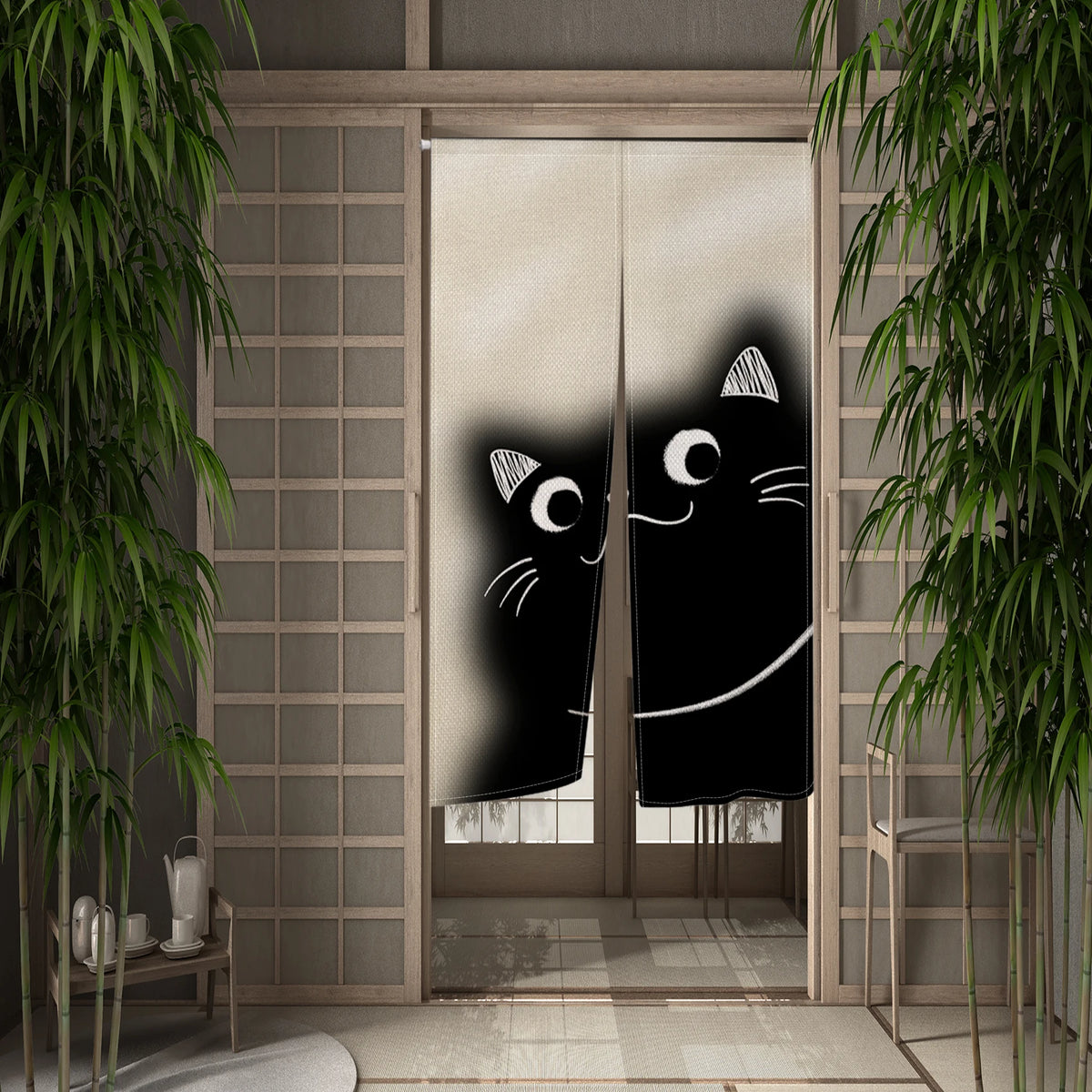 Cute Cat Japanese Noren Door Curtain, Black & White Cartoon Half Curtain for Bedroom, Kitchen & Doorway, 1-Panel Linen Room Divider for Home Decor