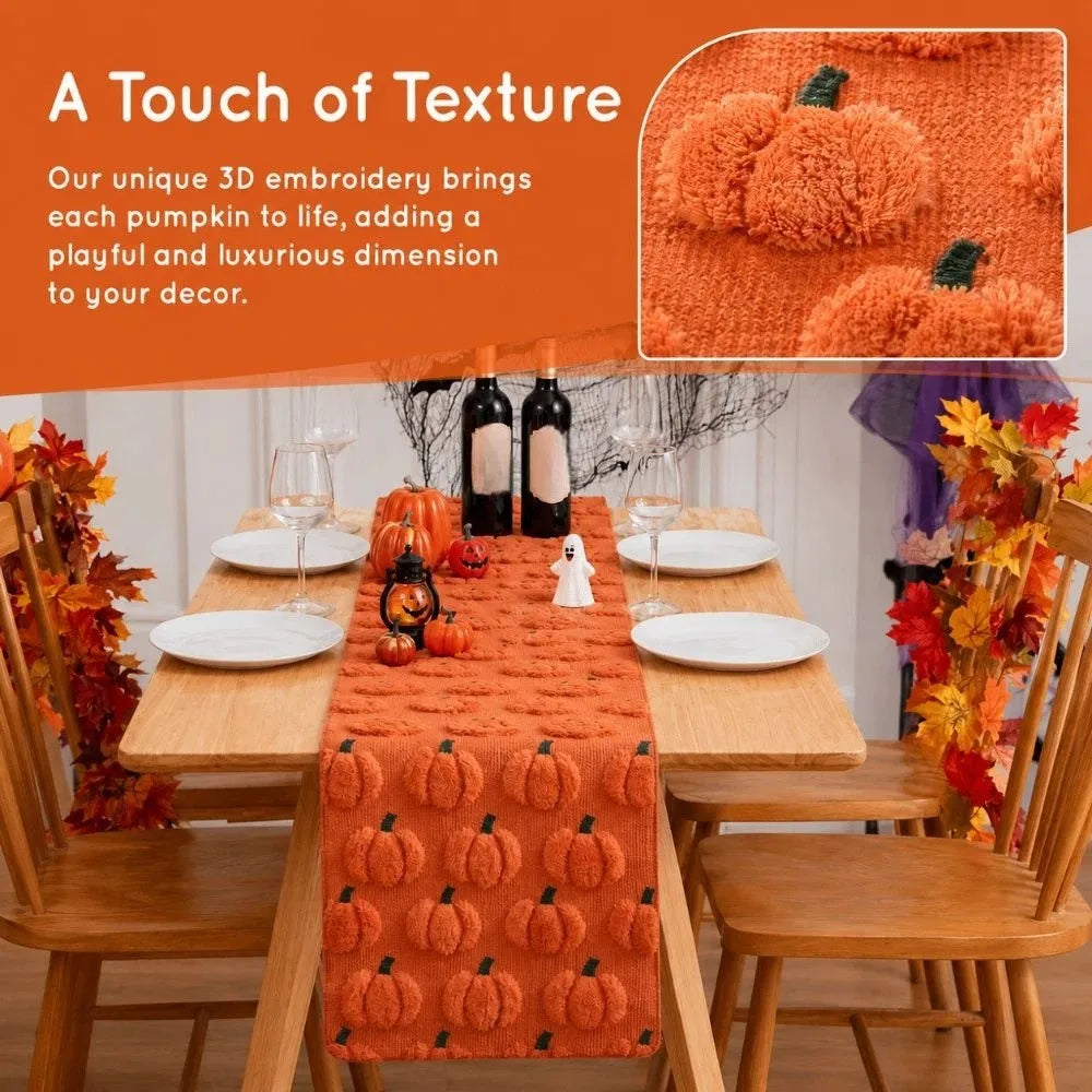 Halloween Pumpkin Table Runner 33×183cm, Soft 3D Tufted Polyester Table Cover, Rectangular Fall Dining Table Decor for Halloween Party, Kitchen & Home