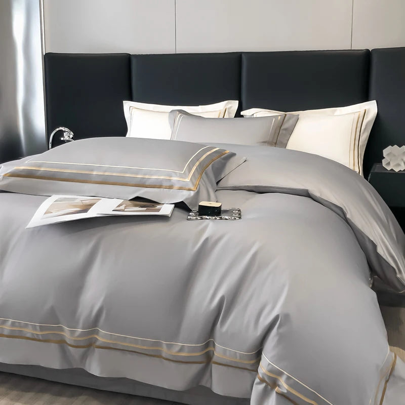 Luxury Gold Embroidered Cotton Duvet Cover Set – 4-Piece Hotel Style Bedding with Bed Sheet & Pillowcases, Grey