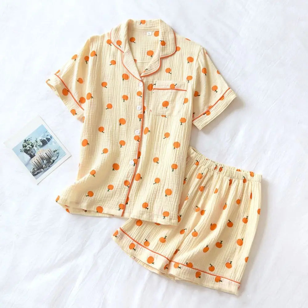 Fashion V-neck Fruits Pajamas Suit Loose Homewear Two Piece Nightwear Short-sleeves Sweet Women Short Sleepwear Summer Autumn