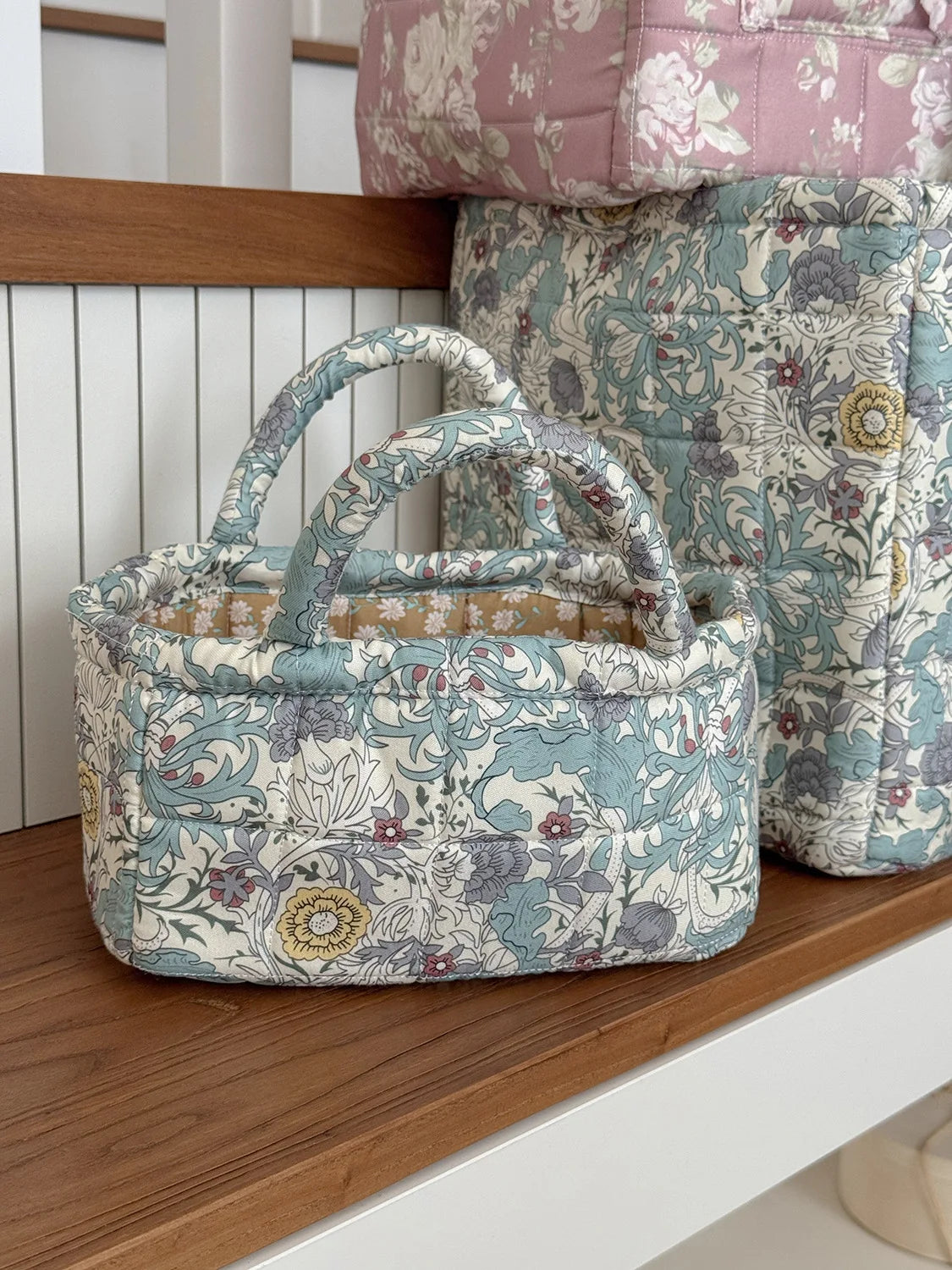 Desktop snack and miscellaneous items organizer basket, quilted fabric home storage basket, large garden series laundry basket