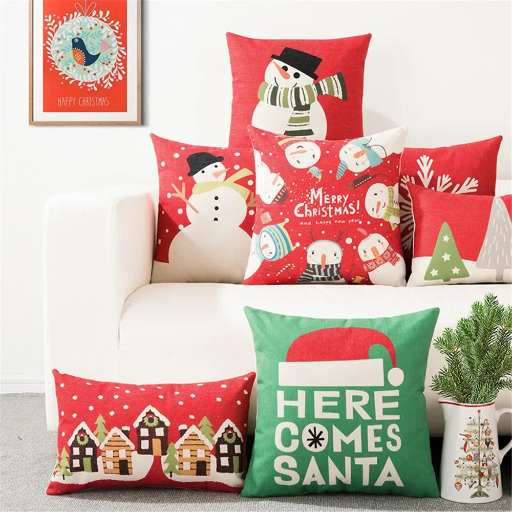 Christmas Pillow Cover 45×45cm & 30×50cm, Merry Christmas Snowman Snowflake Deer Cushion Cover, Beige Cartoon Holiday Decor for Sofa, Bed, Chair & Home
