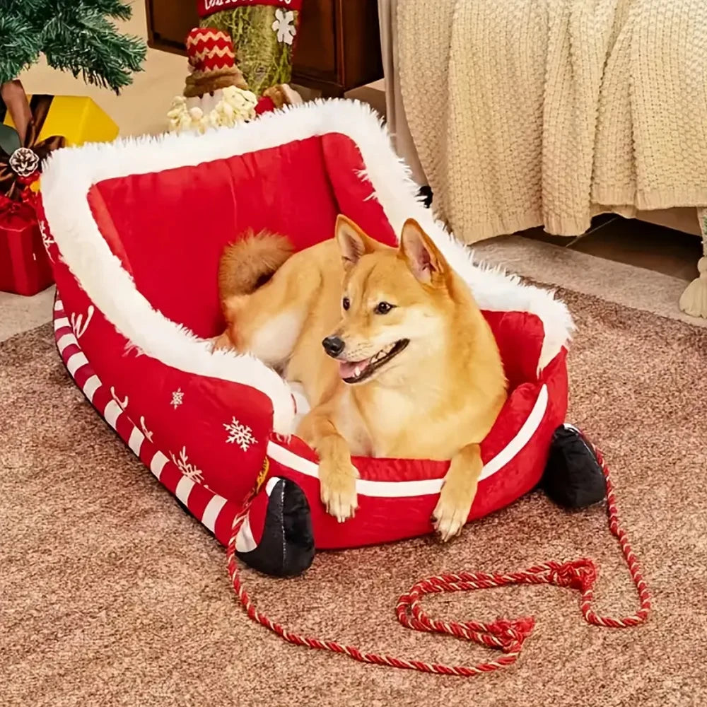 Christmas Pet Bed, Removable Washable Plush Dog & Cat Nest with Non-Slip Base, Cozy Winter Sleigh-Style Pet Sofa for Indoor Home, Bedroom & Balcony